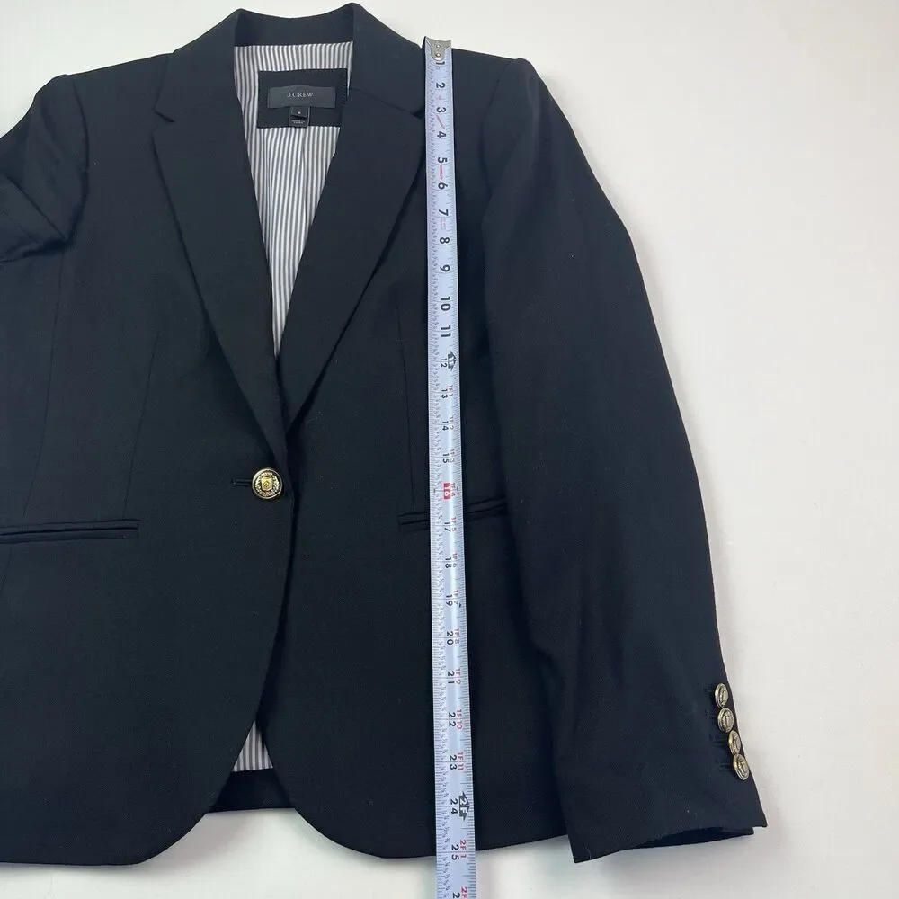 J Crew Wool Blazer Size 6 Black Gold Crest Buttons Striped Lining Preppy Office